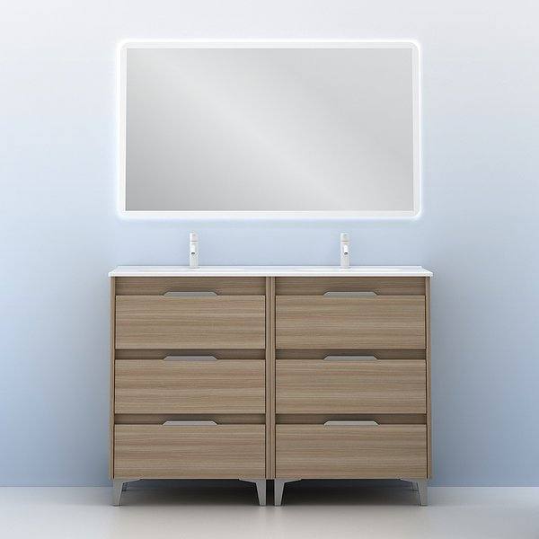 Conjunto mueble de baño con lavabo doble poza Suki con patas 6 cajones nogal arenado de Amizuva espejo Hoshi