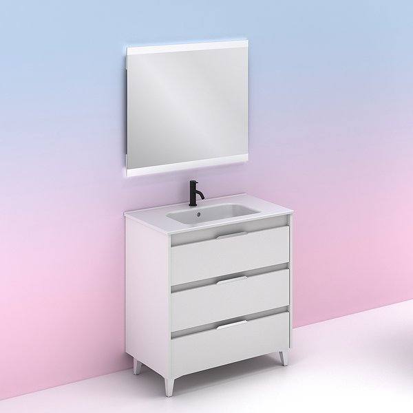 Conjunto mueble de baño con lavabo Suki con patas 3 cajones blanco brillo de Amizuva espejo Hikari