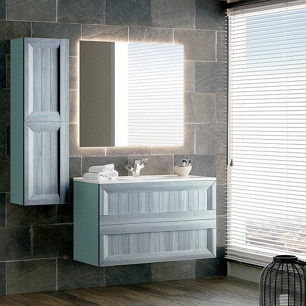 Mueble de baño Terra suspendido 2 cajones lateral verde mar mate y frente tinte nata chapa  + Auxiliar de 120 cm + espejo retroled + lavabo extraplano Campoaras