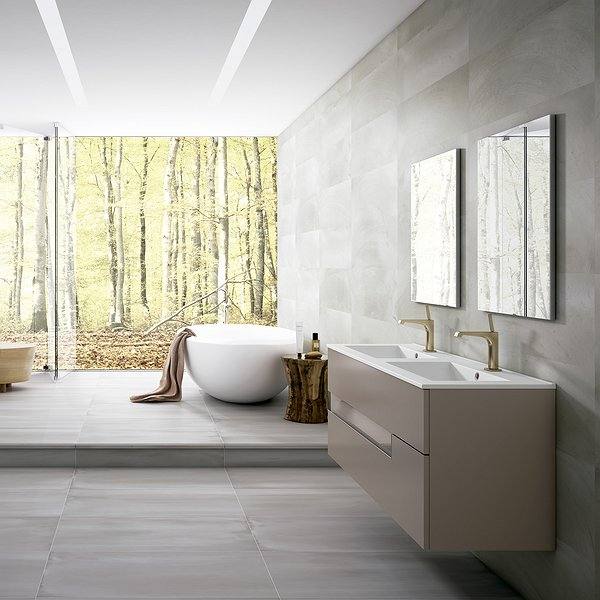 Mueble de baño Visión color tórtora con cristal tórtora lavabo Flat doble seno, espejo elda