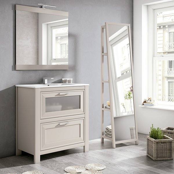 Mueble de baño Trento color seda, con lavabo cerámica Flat, espejo Alba, aplique Next y espejo con estantería