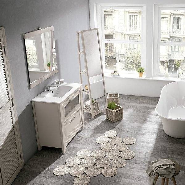 Ambiente con muele Trento en seda, lavabo flat, espejo Alba, espejo estantería y aplique next