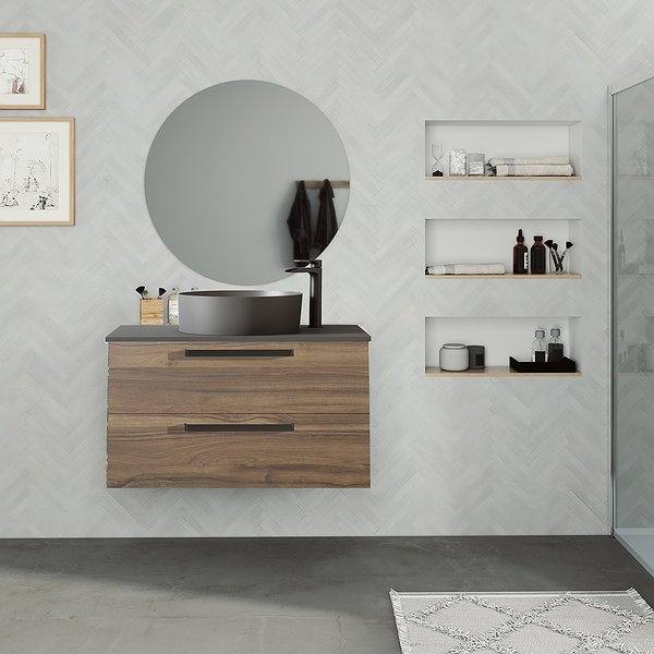 Mueble de baño Bondi suspendido 2 cajones en laminado valenti Visobath. Espejo Liss y lavabo colors con tapa de cargas minerales ceniza . Tirador en negro.