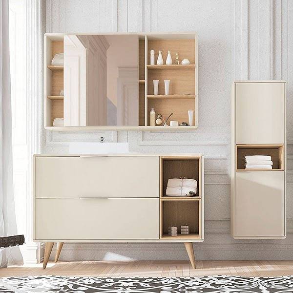 Mueble Vintass 120 cm 2 cajones 2 huecos acabado panna mate caja chapa roble + Camerino Vintass de 100cm panna mate / estantes chapa roble + 4 Patas Vintass Campoaras