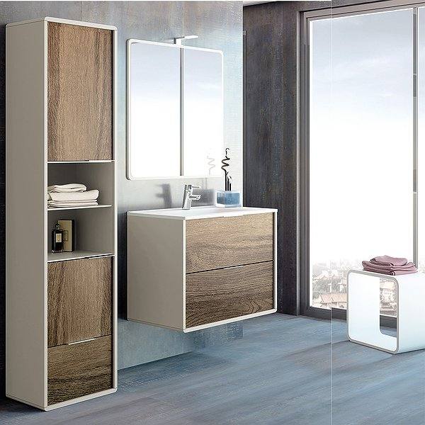 Mueble de baño Vintass suspendido armazón en panna mate y frente en nuez de chapa natural tinte. 2 cajones Campoaras. Espejo active del mismo acabado que el mueble y columna VIntass 185cm.Lavabo EOS