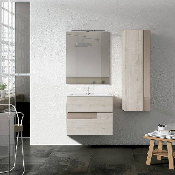 Conjunto mueble de baño Vision suspendido 2 cajones acabado abedul cristal tórtora + Lavabo Flat + Espejo Vision de Viso Bath