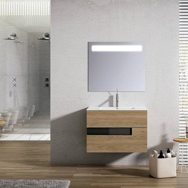 Mueble de baño Vision color canela y cristal negro con lavabo Flat y espejo Lumen