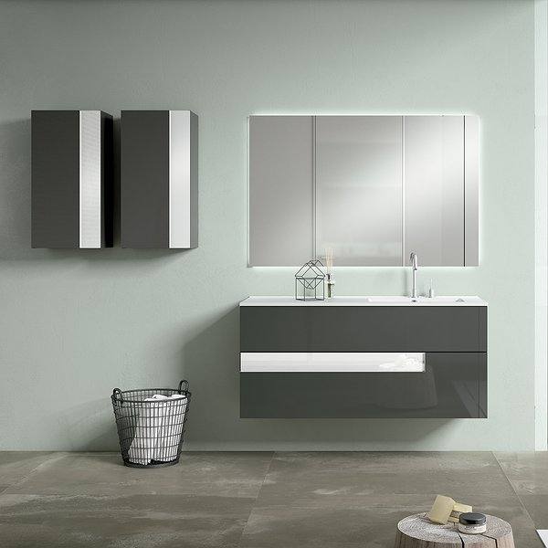 Mueble de baño suspendido lavabo a derechas de 120 cm y 2 puertas, con acabado gris oscuro brillo y cristal blanco Vision de Viso Bath