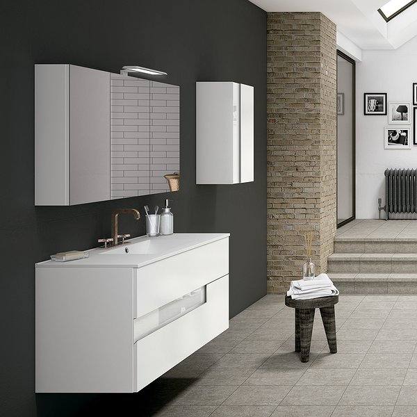 Mueble de baño Visión color nieve brillo y cristal blanco con lavabo Flat, camerino prisma con aplique notre y colgar vision