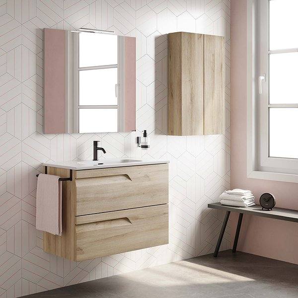 Conjunto mueble de baño Vitale suspendido + lavabo Slim 2 cajones de Royo. Espejo murano y aplique Lucce. Colgar y mueble color Beige nature