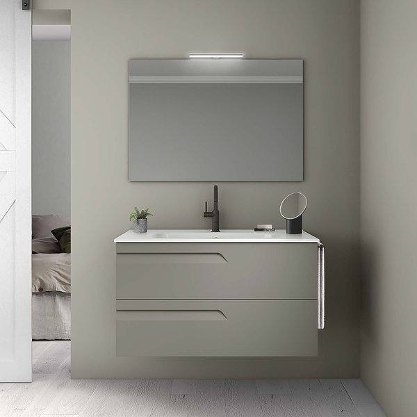 Conjunto mueble de baño Vitale suspendido + lavabo Slim 2 cajones de Royo. Espejo murano y aplique Lucce. Color fumé mate