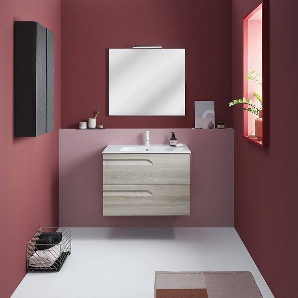 Conjunto mueble de baño suspendido Vitale I + Lavabo Spirit fondo reducido 39cm de Royo.Espejo murano con Aplique lucce. Color Blanco nature