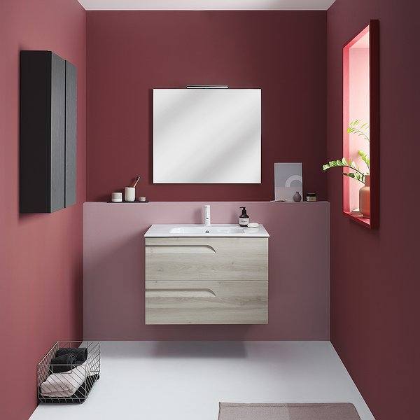 Conjunto mueble de baño Vitale suspendido + lavabo Slim 2 cajones de Royo. Espejo murano y aplique Lucce. Color blanco nature