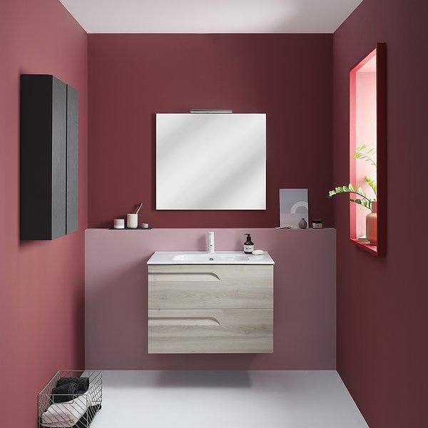 Conjunto mueble de baño suspendido Vitale I + Lavabo Spirit fondo reducido 39cm de Royo.Espejo murano con Aplique lucce. Color Blanco nature
