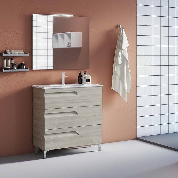 Conjunto mueble de baño Vitale con patas 3 cajones. Lavabo Slim de cerámica, espejo murano con aplique Lucce de Royo. Color blanco nature