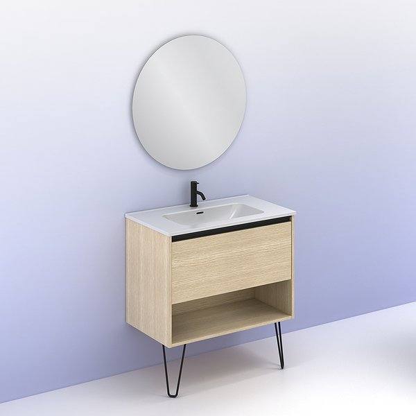 Conjunto mueble de baño con lavabo Yoko con patas 1 cajón más un hueco en roble arenado de Amizuva. Espejo Miku