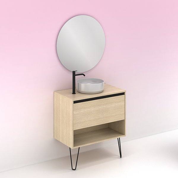 Conjunto mueble de baño con lavabo sobre encimera y tapa Yoko con patas 1 cajón más un hueco en roble arenado de Amizuva. Espejo Miku