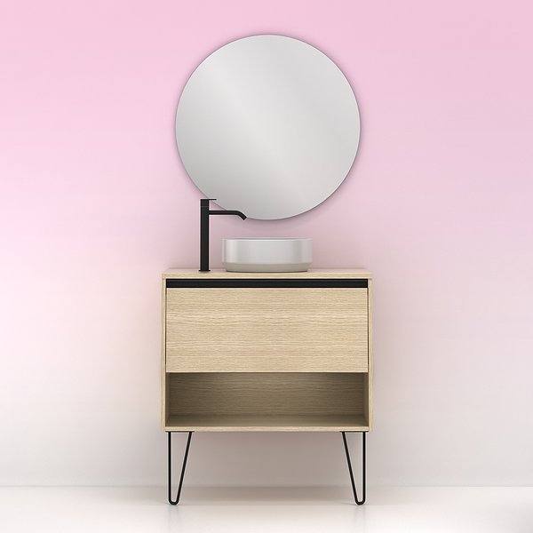 Conjunto mueble de baño con lavabo sobre encimera y tapa Yoko con patas 1 cajón más un hueco en roble arenado de Amizuva. Espejo Miku