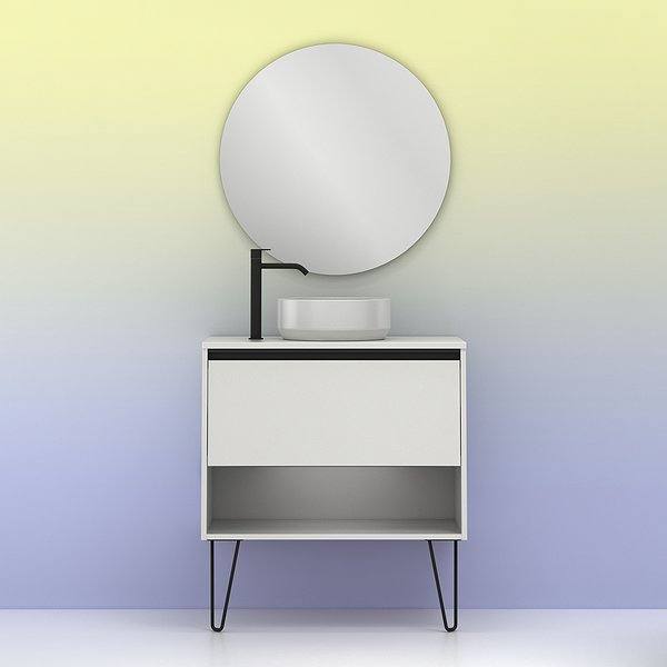Conjunto mueble de baño con lavabo sobre encimera y tapa Yoko con patas 1 cajón más un hueco en blanco brillo de Amizuva. Espejo Miku