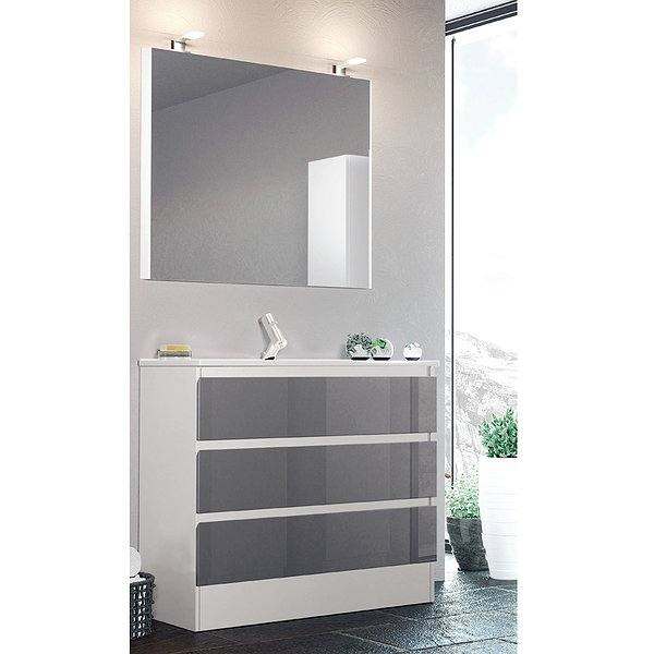 Mueble de baño Aqua 3 cajones con zócalo color blanco brillo  y plata brillo + Lavabo cerámica Extraplano + Espejo Aqua con 2 apliques Met 10 + Campoaras