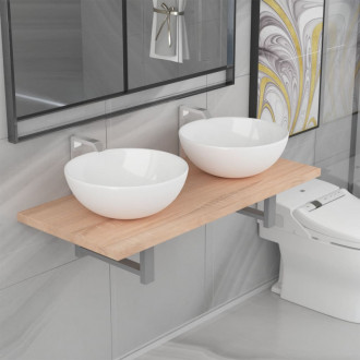 Conjunto de muebles de ba&ntilde;o de tres piezas roble y cer&aacute;mico Vida XL