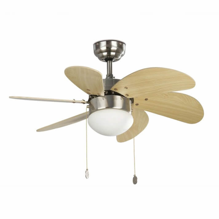 Ventilador n&iacute;quel mate palas pino con luz PALAO de Faro
