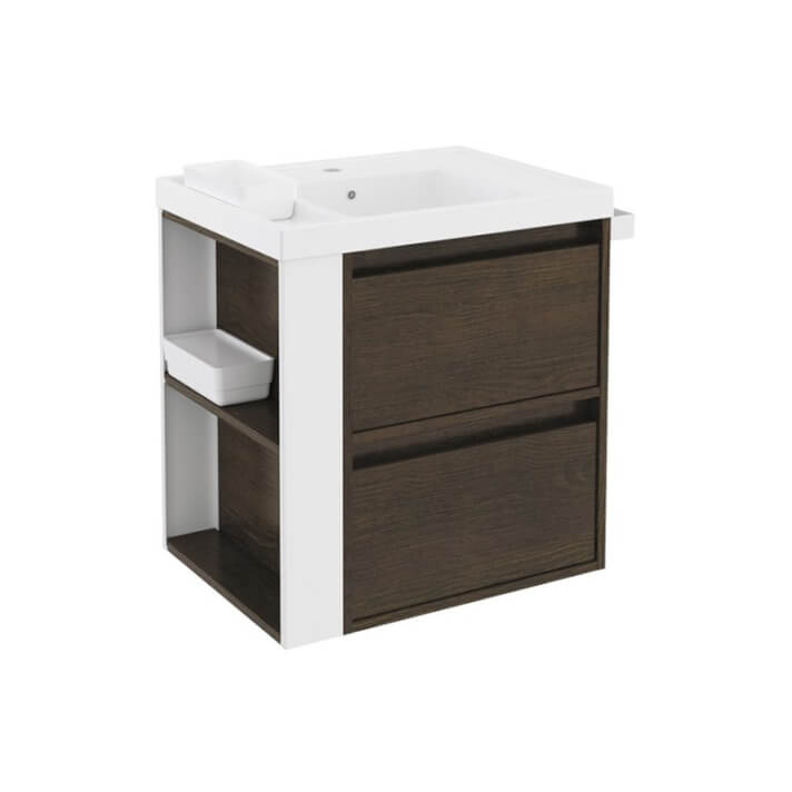 Mueble con lavabo resina 60cm Roble chocolate/Blanco 2 cajones B-Smart BATH+