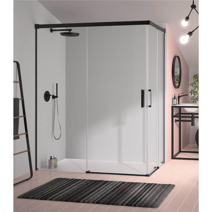 Mampara angular 2 puertas correderas negra transparente Kassandra