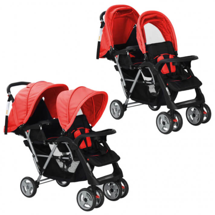 Carrito para dos beb&eacute;s tandem rojo y negro de acero Vida XL