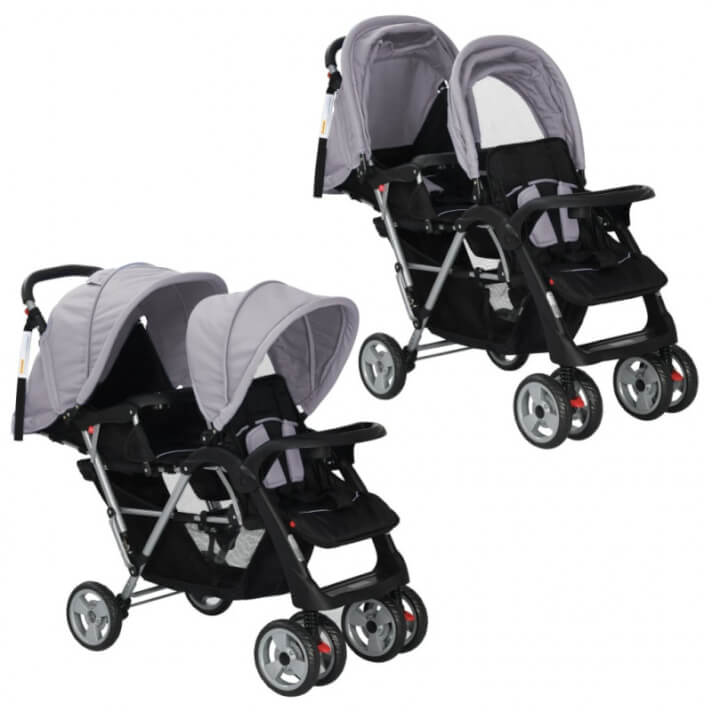 Carrito para dos bebés tandem gemelos gris y negro de acero Vida XL