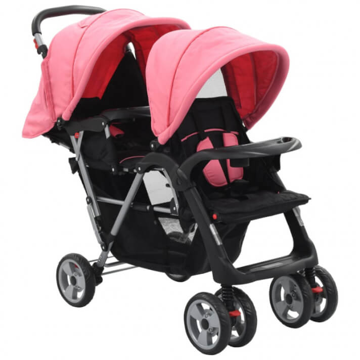 Carrito para dos beb&eacute;s tandem rosa y negro de acero Vida XL