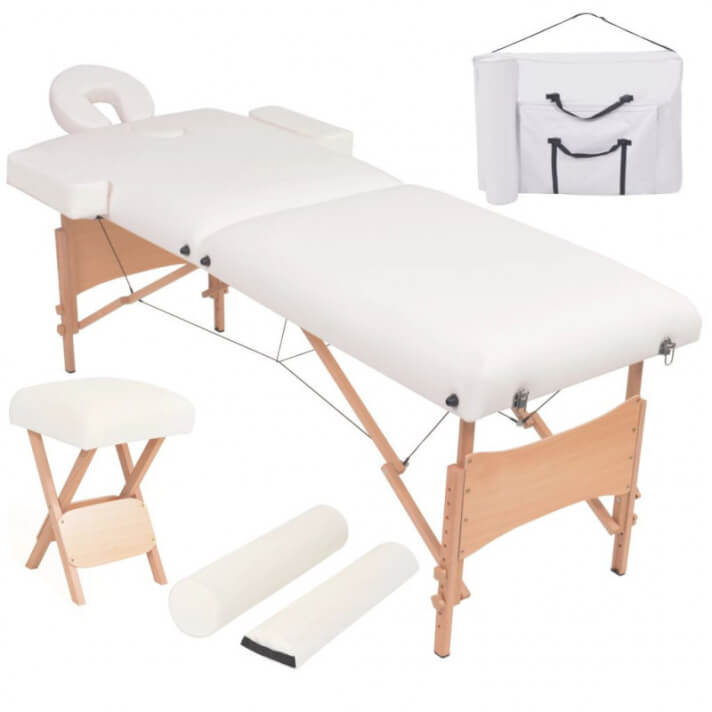 Set mesa plegable masaje y taburete 2 zonas 10 cm grosor blanco Vida XL