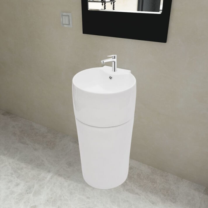 Lavabo de pie redondo de cer&aacute;mica hueco de grifo/desag&uuml;e blanco Vida XL