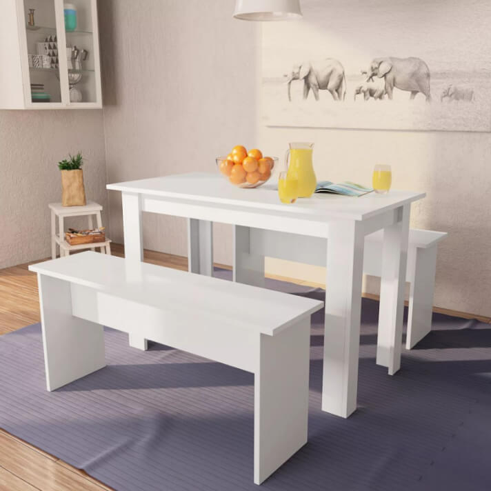 Mesa de comedor y bancos 3 piezasmadera aglomerada blanca Vida XL