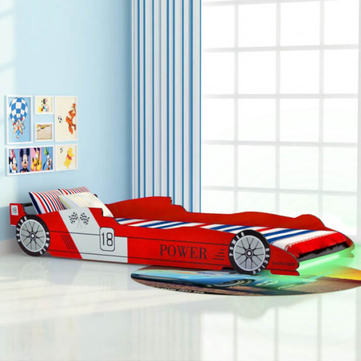 Cama infantil con forma de coche carreras y LED 90x200cm roja Vida XL