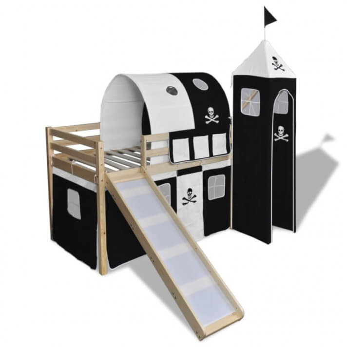 Cama alta para ni&ntilde;os con tobog&aacute;n y escaleraadera blanca/negra Vida XL