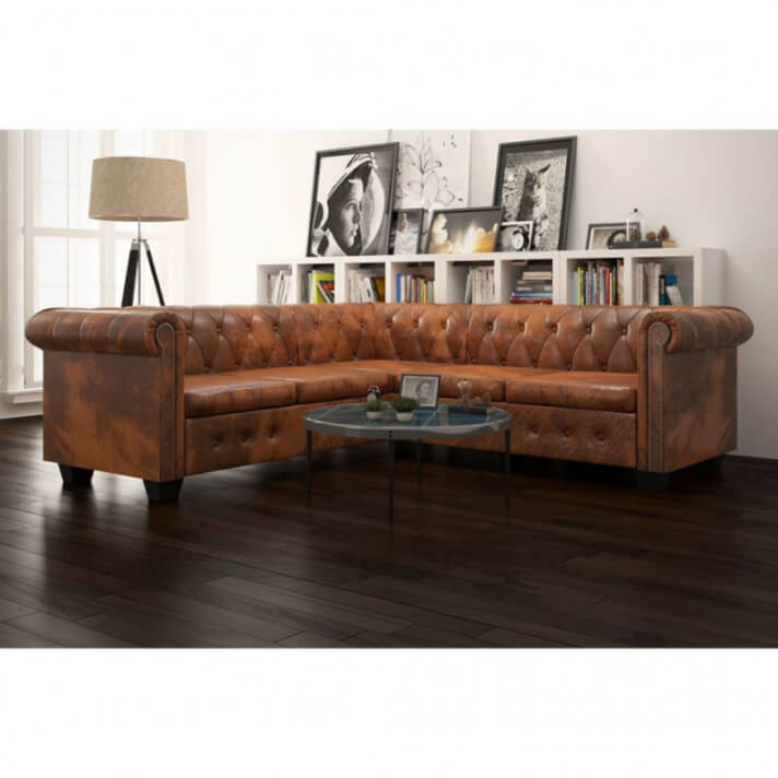 Sof&aacute; Chesterfield 5 plazas de cuero artificialarr&oacute;n Vida XL