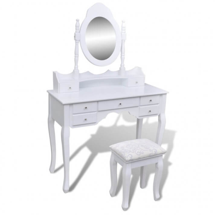 Tocador con espejo y taburete 7 cajones blanco Vida XL