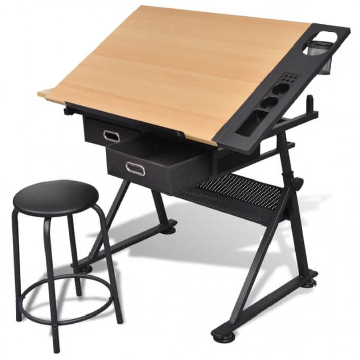 Mesa de dibujo inclinable con 2 cajones y taburete Vida XL