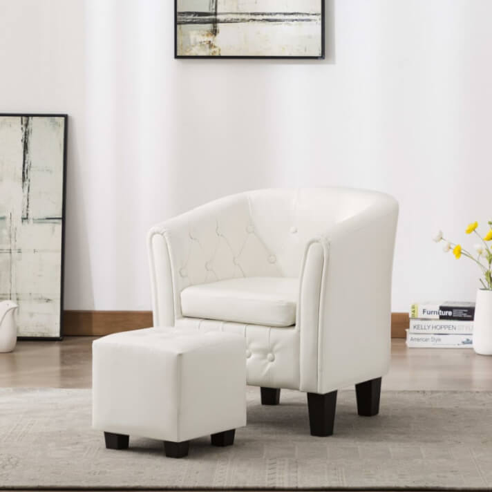 Sillón con diseño de cubo con reposapiés cuero sintético blanco Vida XL