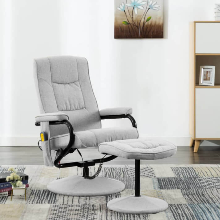 Sill&oacute;n demasaje reclinable con reposapi&eacute;s tela gris claro Vida XL