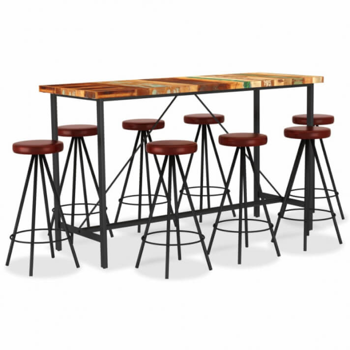 vidaXL Set muebles de bar 9 piezas madera reciclada y cuero aut&eacute;ntico 