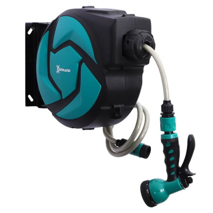 Carrete para manguera retr&aacute;ctil 10m negro y verde DURHAND