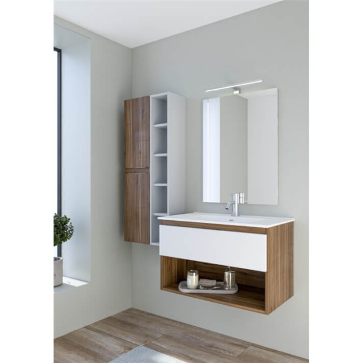 Mueble Life compacto 80 cm un caj&oacute;n y un estante CON LAVABO nogal y blanco B10
