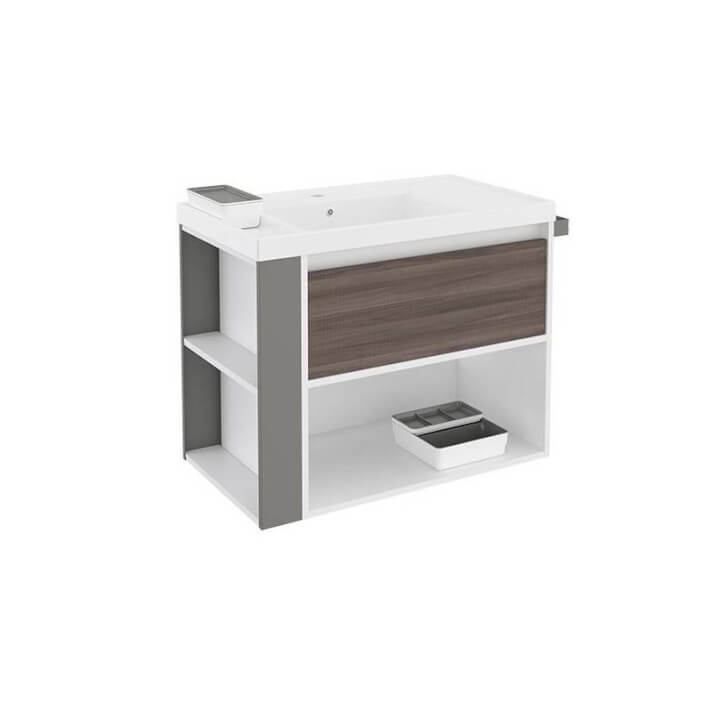 Mueble con lavabo resina 80cm Blanco-Fresno/Gris B-Smart BATH+