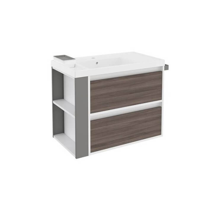 Mueble con lavabo resina 80cm Blanco-Fresno/Gris 2 cajones B-Smart BATH+