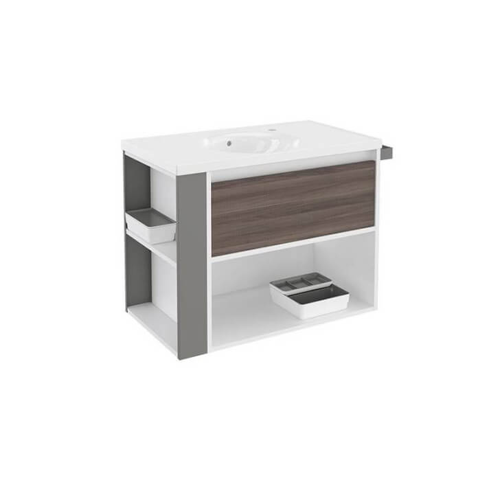 Mueble con lavabo porcelana 80cm Blanco-Fresno/Gris B-Smart BATH+