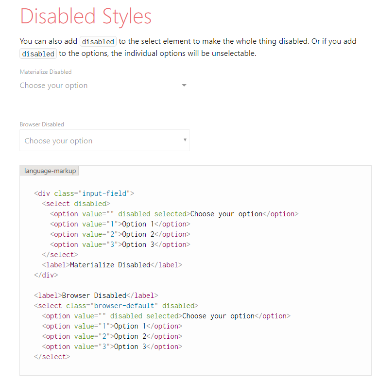 MateralizeCSS Disabled Select