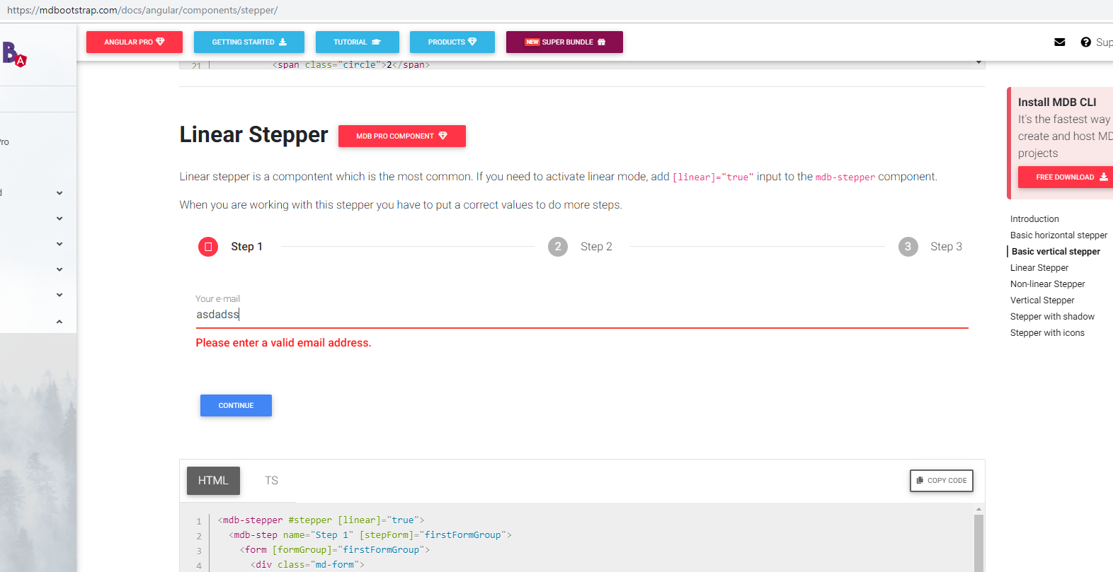 on the mdb website, the checkmarks and warnings do not show up for angular