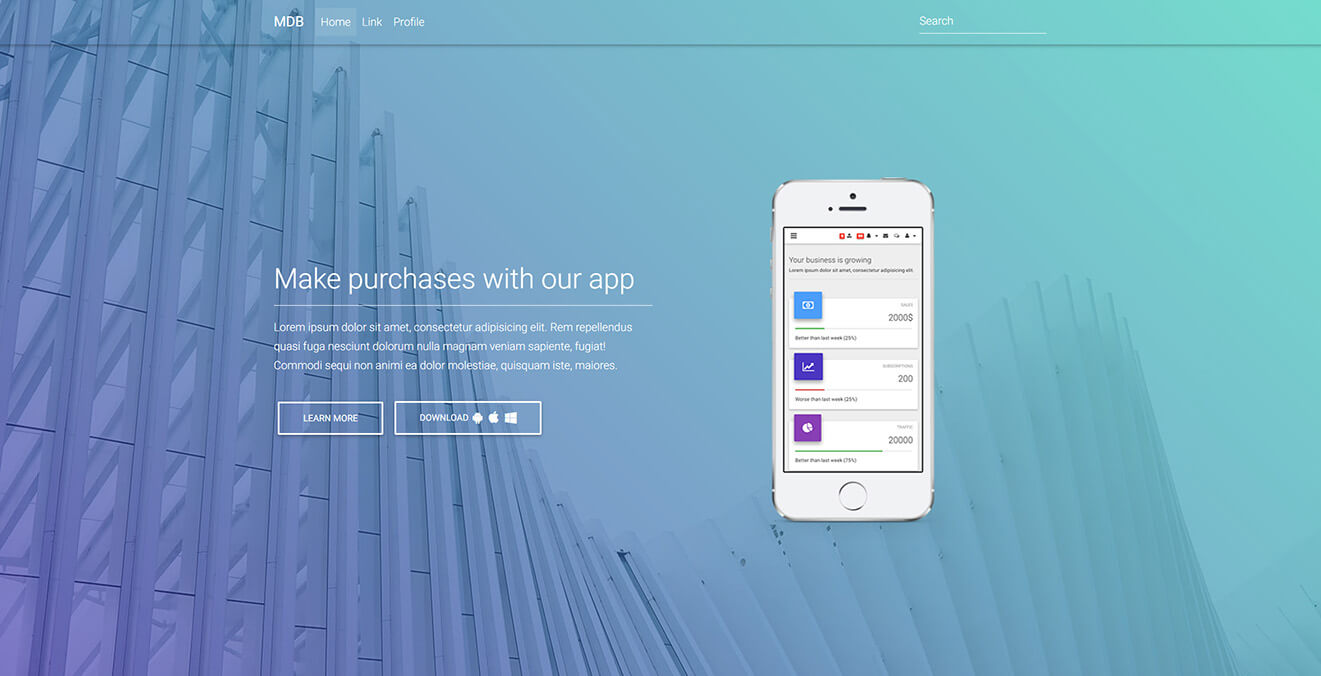 Display of full page app intro page.